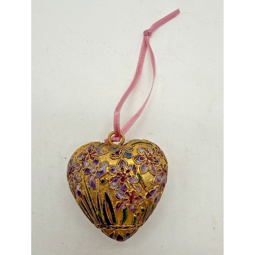 Asian Style Gold Metal Heart Hanging Ornament Cloisonne Floral Purple Ribbon